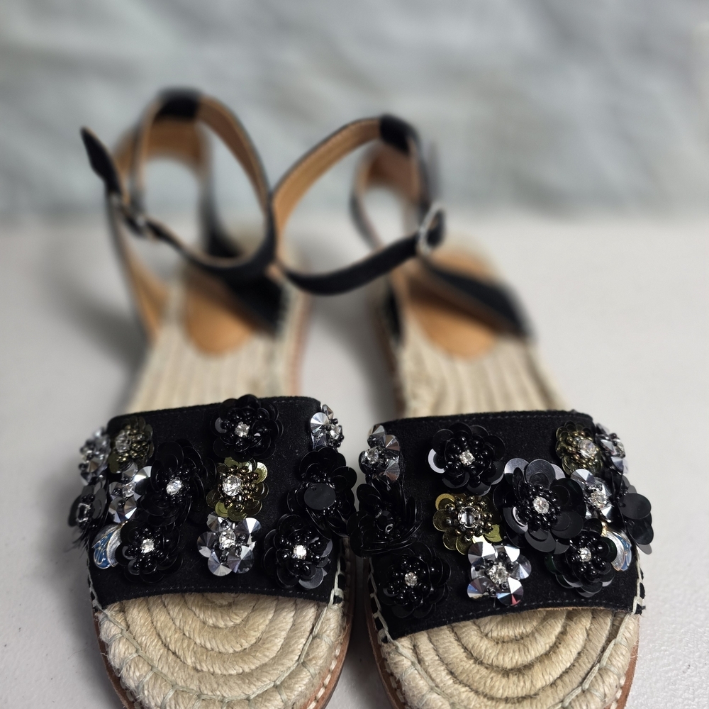 BILL BLASS BLACK ANTHROPOLOGIE SUEDE ESPADRILLES SANDALS SEQUIN SHOES Sz 6 - Picture 2 of 11
